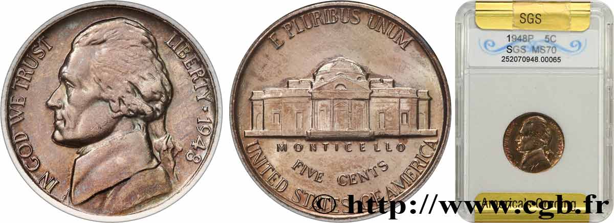 UNITED STATES OF AMERICA 5 Cents Président Thomas Jefferson 1948 Philadelphie MS70 autre