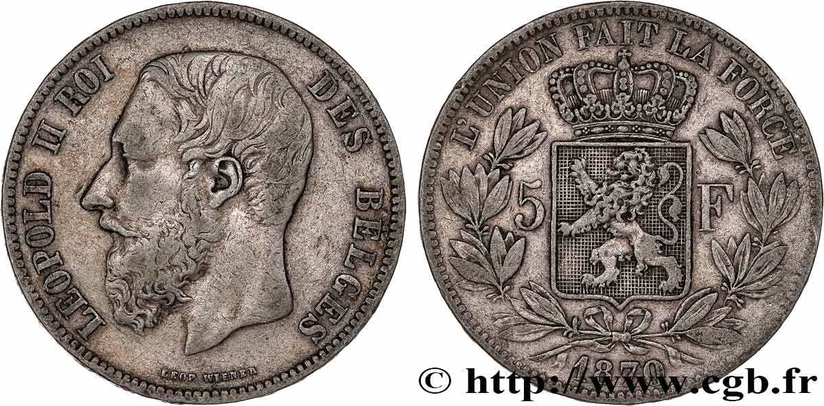 BELGIQUE 5 Francs Léopold II 1870 TB+