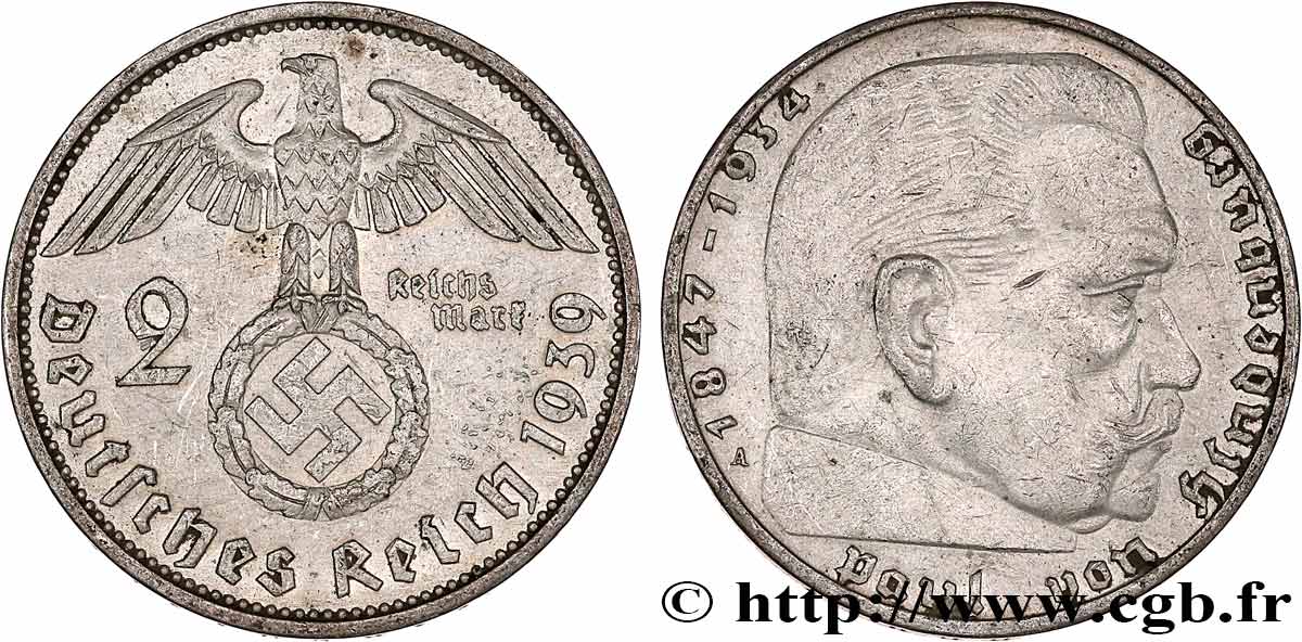 ALLEMAGNE 2 Reichsmark Maréchal Paul von Hindenburg 1939 Berlin TTB