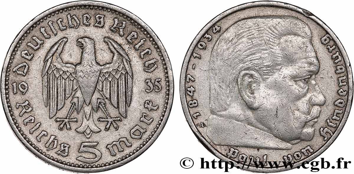 GERMANIA 5 Reichsmark Maréchal Paul von Hindenburg 1935 Berlin BB