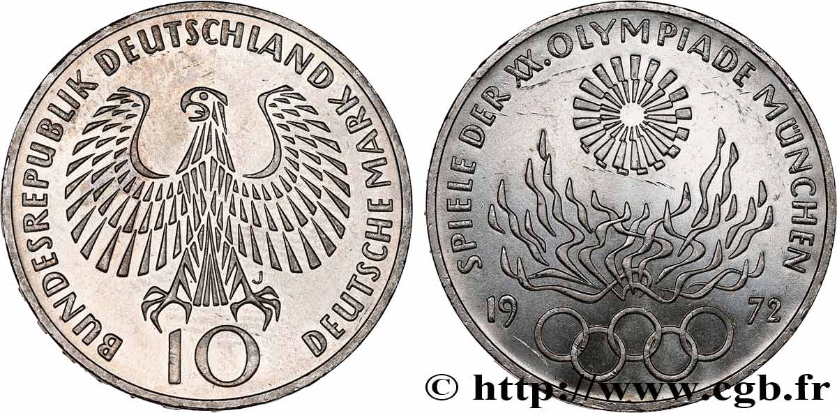 ALLEMAGNE 10 Mark XXe J.O. Munich - Flamme olympique 1972 Hambourg SPL