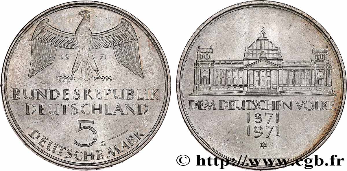 GERMANIA 5 Mark Centenaire du parlement allemand 1971 Karlsruhe SPL