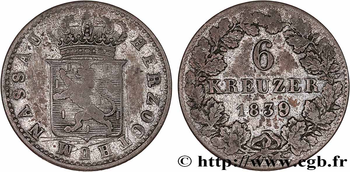 GERMANIA - NASSAU 6 Kreuzer Grand-Duc Guillaume 1839 MB