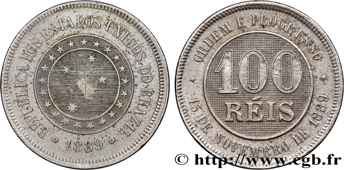 BRAZIL 100 Reis Empereur Pierre II 1889 Rio de Janeiro XF