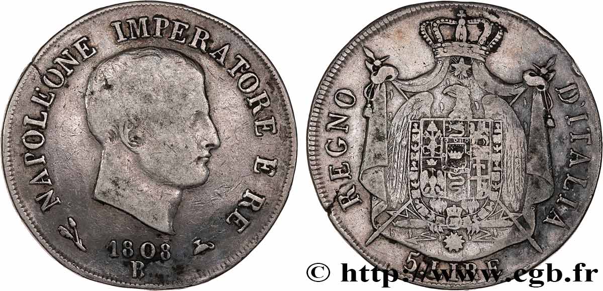 ITALY - KINGDOM OF ITALY - NAPOLEON I 5 Lire 1808 Bologne VF 