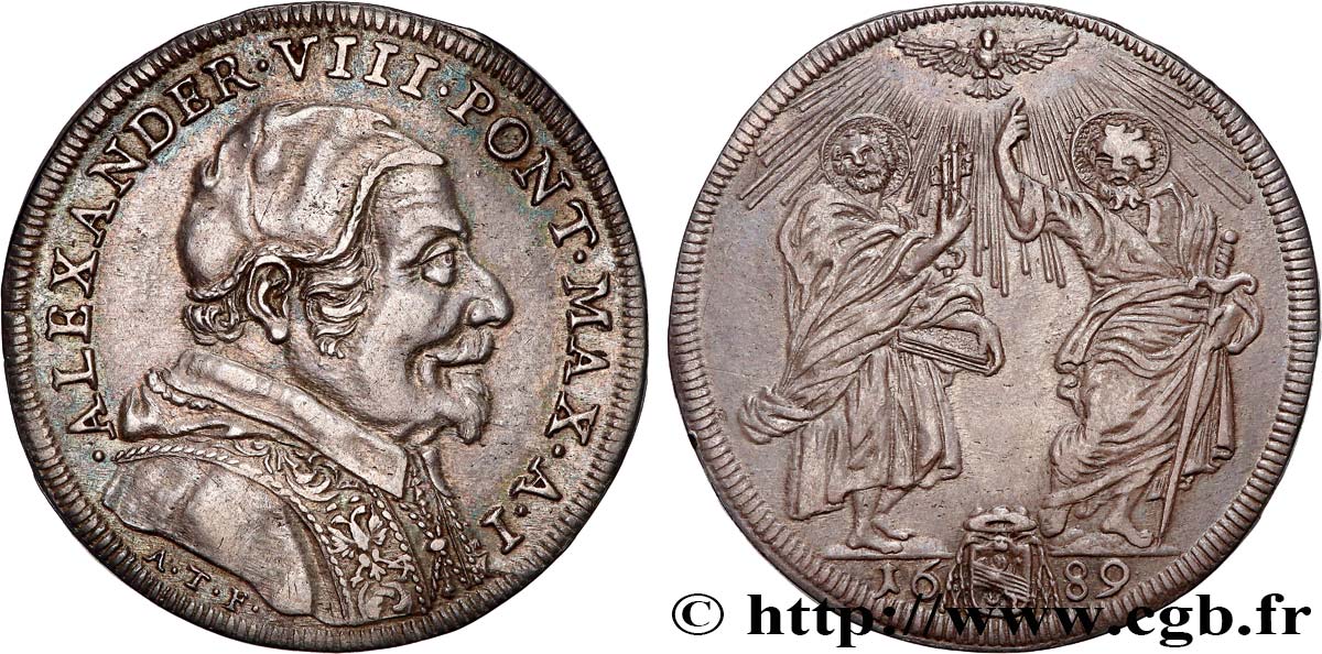 ITALY- PAPAL STATES - ALEXANDER VIII (Pietro Vito Ottoboni) Teston an I 1689 Rome AU 