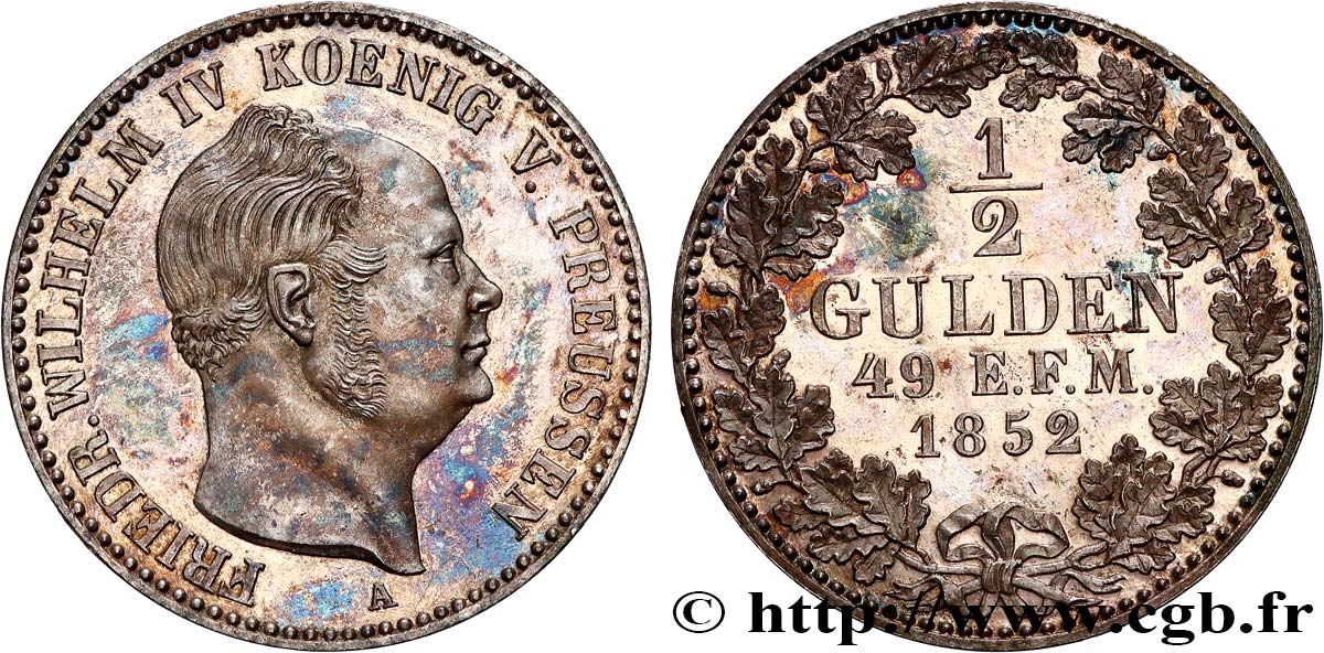 GERMANY - KINGDOM OF PRUSSIA - FREDERICK-WILLIAM IV 1/2 Gulden 1852 Berlin MS 