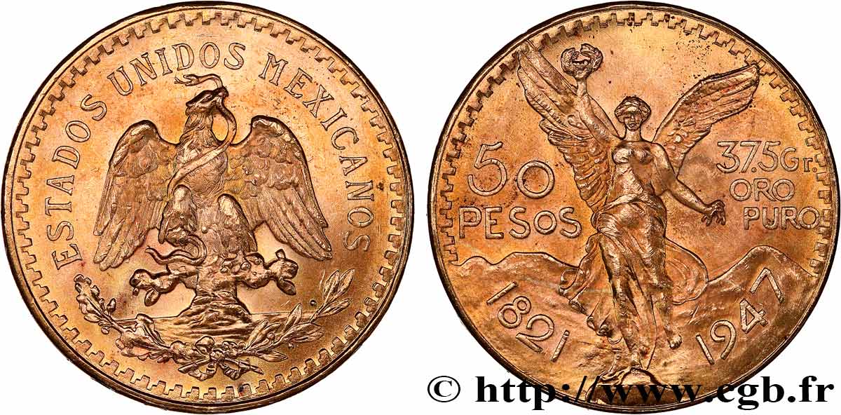 GOLD, PALLADIUM & PLATINUM INVESTMENT 50 Pesos or 1947 Mexico AU
