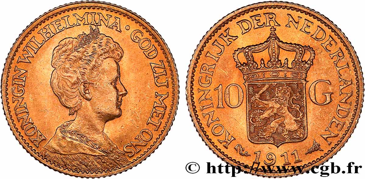 GOLD, PALLADIUM & PLATINUM INVESTMENT 10 Gulden, 3e type Wilhelmina 1911 Utrecht AU