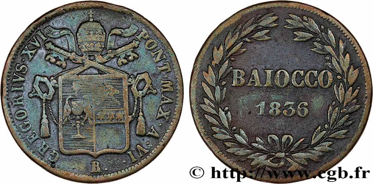 VATICAN AND PAPAL STATES 1 Baiocco au nom de Grégoire XVI an VI 1836 Rome VF 