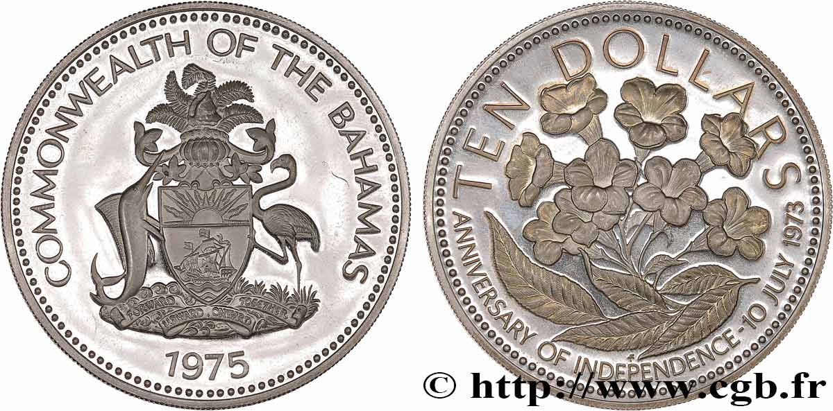 BAHAMAS 10 Dollar Proof 2e anniversaire de l’indépendance 1975 Franklin Mint MS 