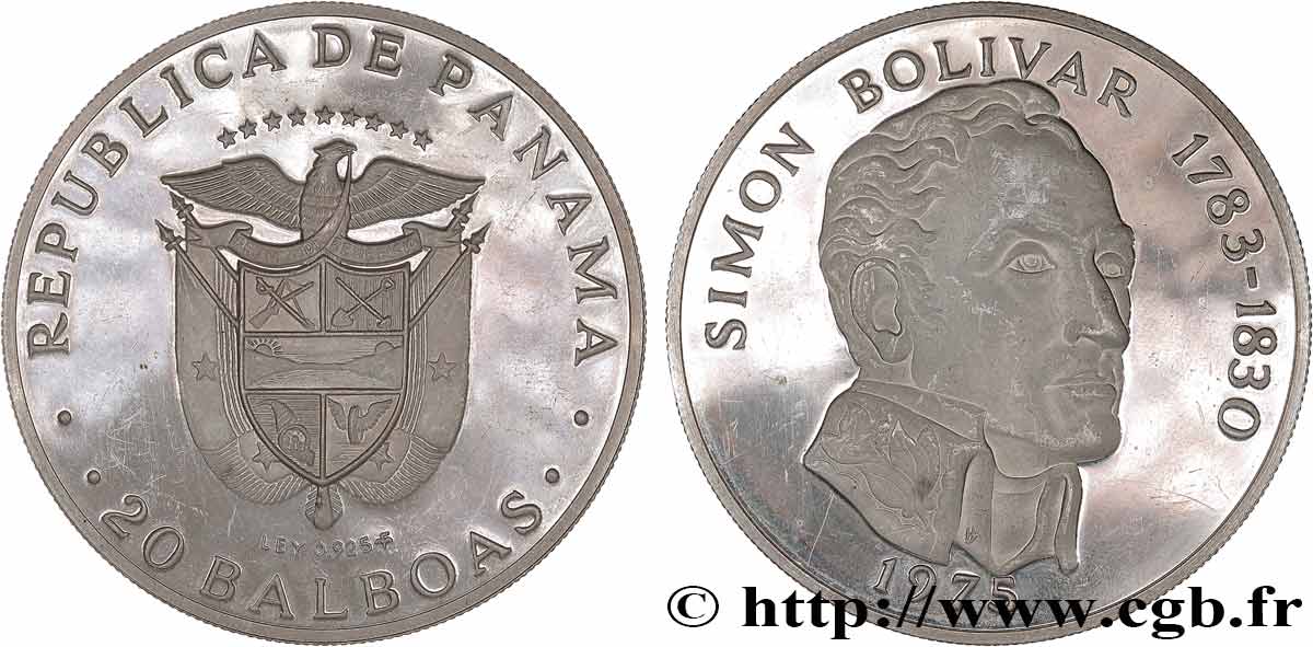 PANAMA 20 Balboas Simon Bolivar Proof 1975  SPL 