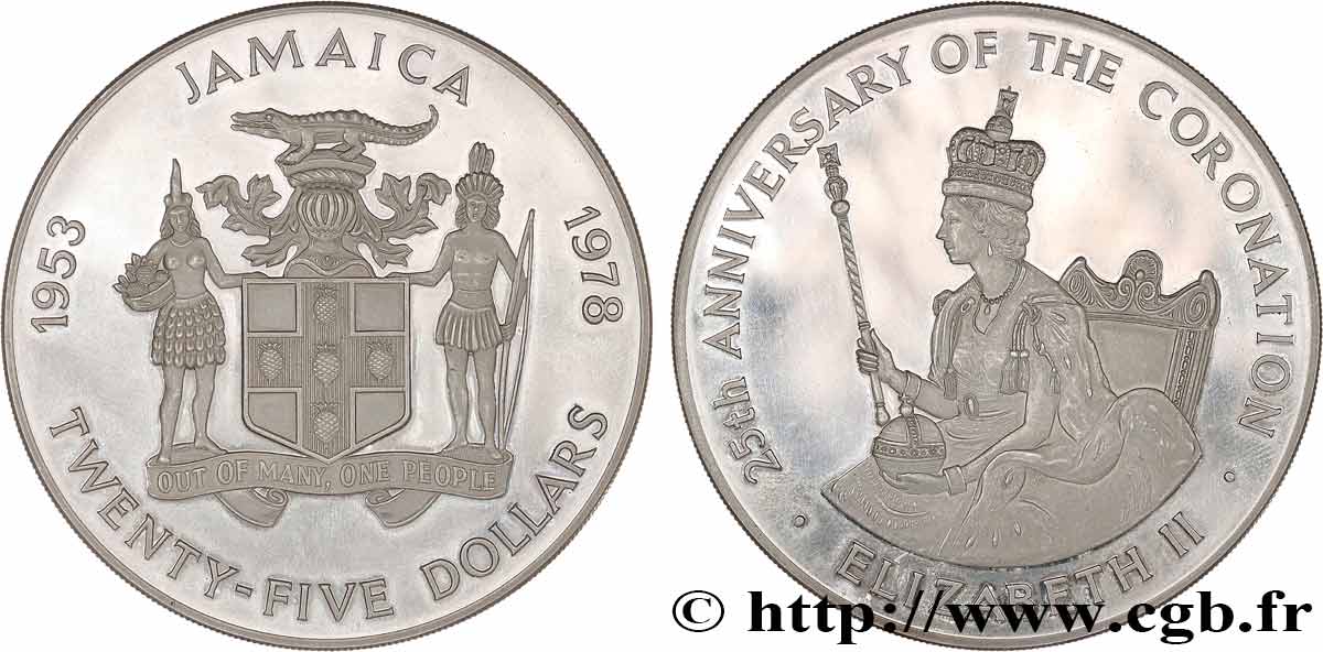 JAMAIKA 25 Dollars Proof 25e anniversaire du couronnement de la Reine Elisabeth II 1978  fST 