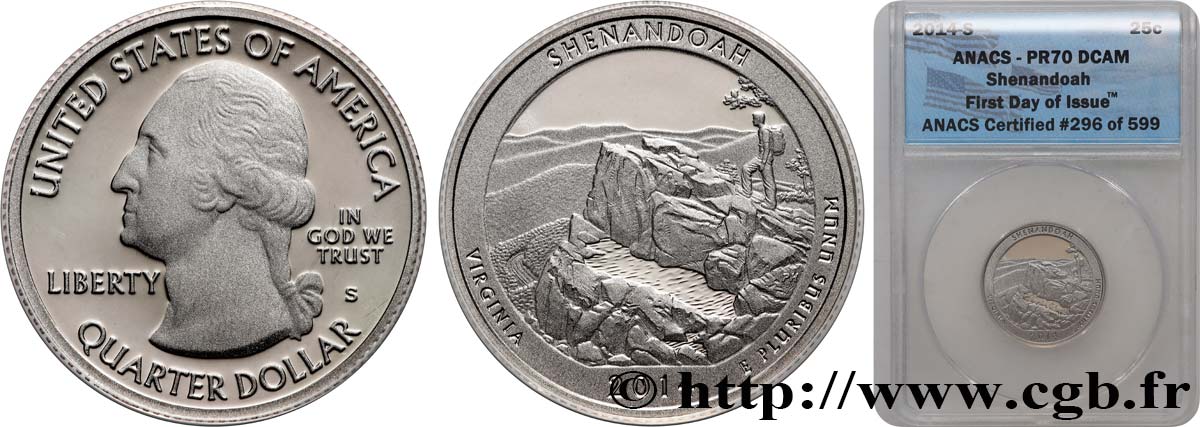 STATI UNITI D AMERICA 1/4 Dollar Parc national de Shenandoah - Virginie - Silver Proof 2014 San Francisco FDC70 ANACS