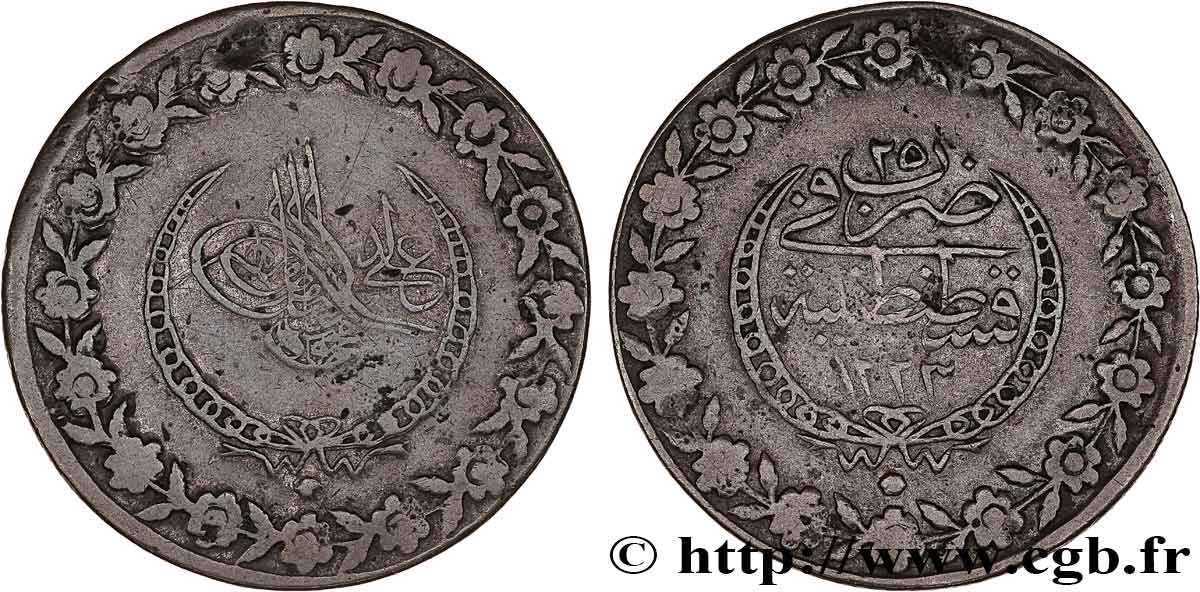 TURKEY 5 Kurush au nom de Mahmoud II AH1223 an 25 1832 Constantinople VF