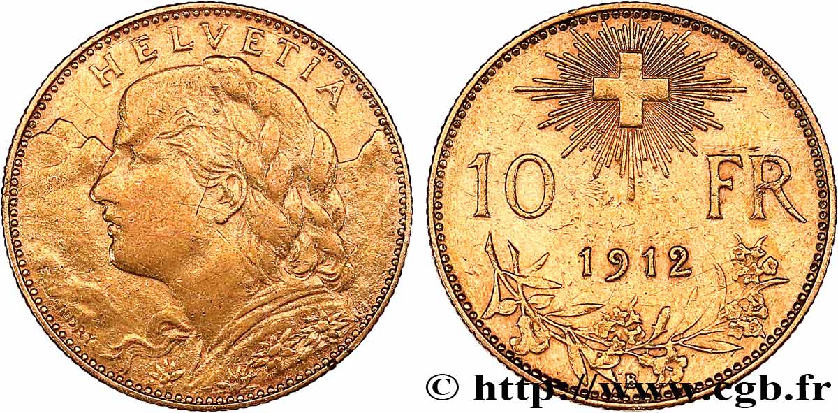 SUISSE 10 Francs or  Vreneli  1912 Berne TTB 