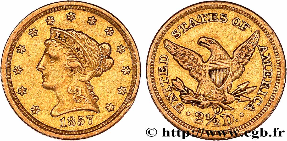 UNITED STATES OF AMERICA 2 1/2 Dollar “Liberty Head” 1857 Nouvelle Orléans XF 