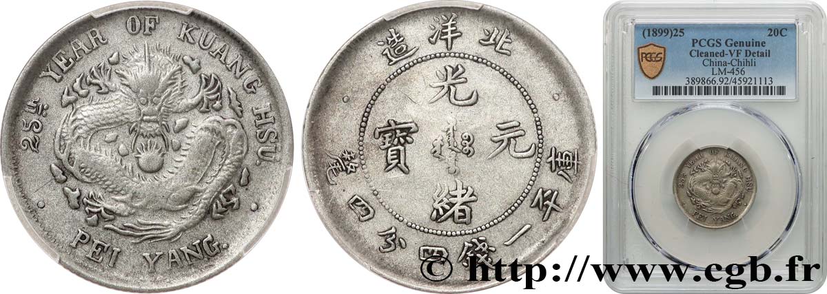CHINA - EMPIRE - HEBEI (CHIHLI) 20 Cents (1899) Arsenal de Pei-Yang (Tienstin) VF PCGS