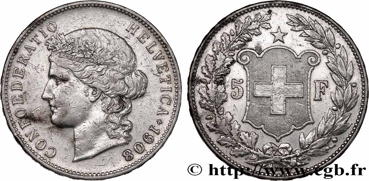 SUISSE 5 Francs Helvetia 1908 Berne TB+
