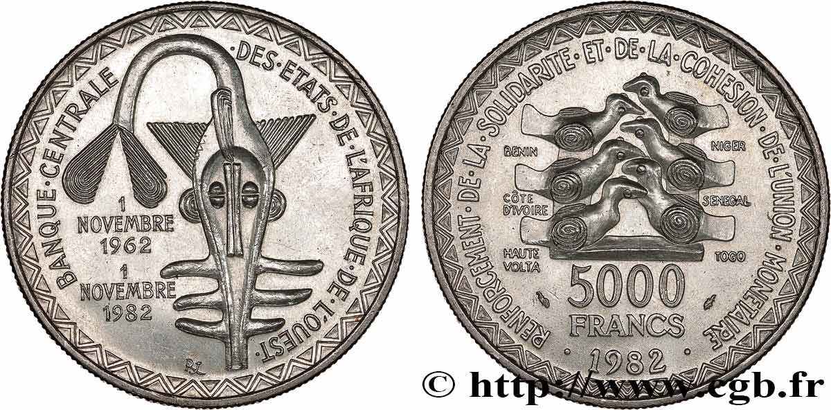 ÉTATS DE L AFRIQUE DE L OUEST (BCEAO) 5000 Francs masque 1982 Paris SUP