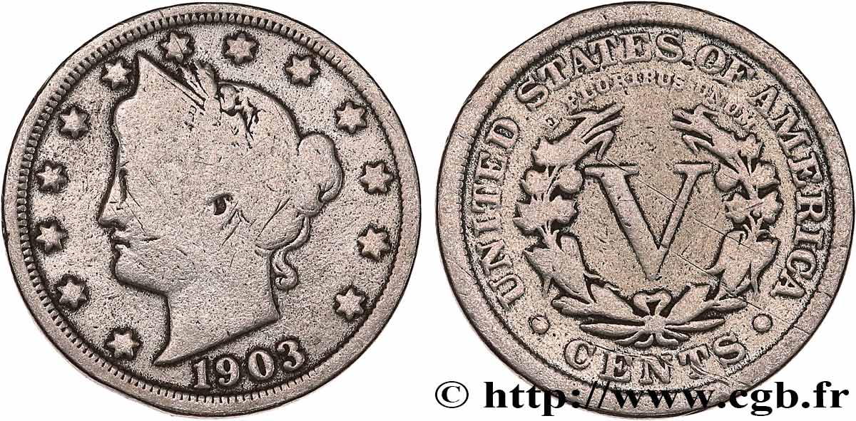 ESTADOS UNIDOS DE AMÉRICA 5 Cents Liberty Nickel 1903 Philadelphie BC