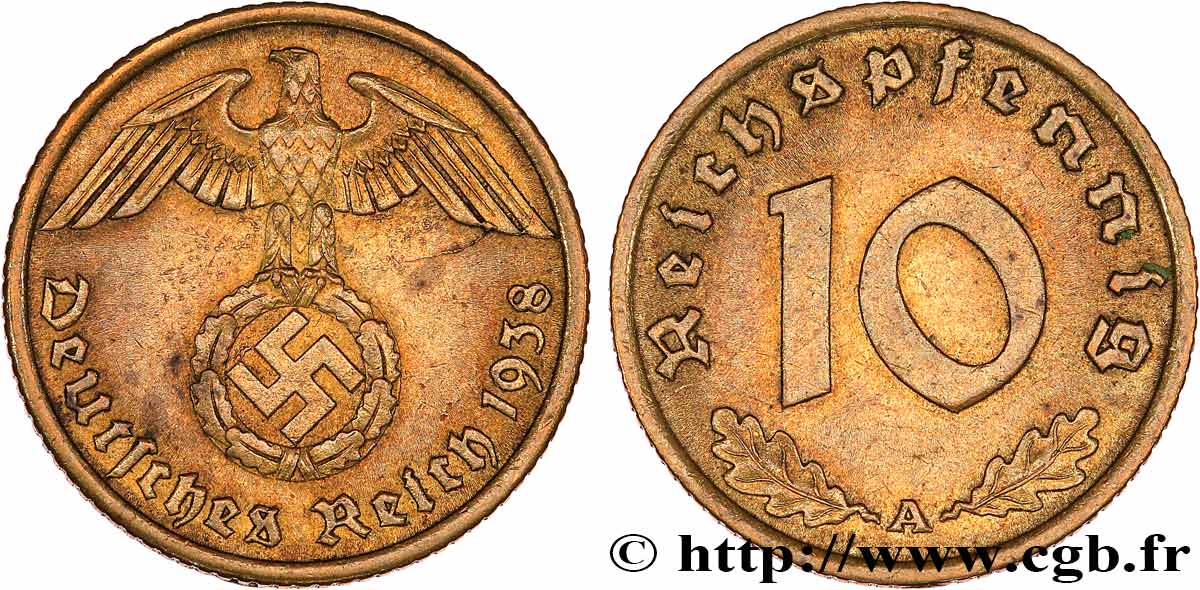 ALEMANIA 10 Reichspfennig aigle surmontant une swastika 1938 Berlin MBC+