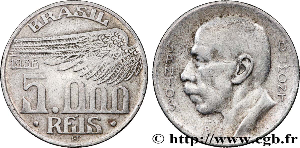 BRÉSIL 5000 Reis Alberto Santos-Dumont 1936 TTB+