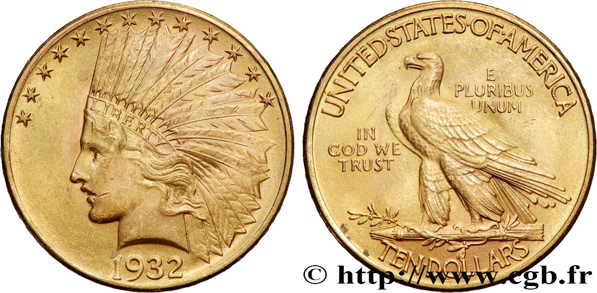 OR, PALLADIUM ET PLATINE INVESTISSEMENT 10 Dollars or Indian Head , 2e type 1932 Philadelphie TTB+