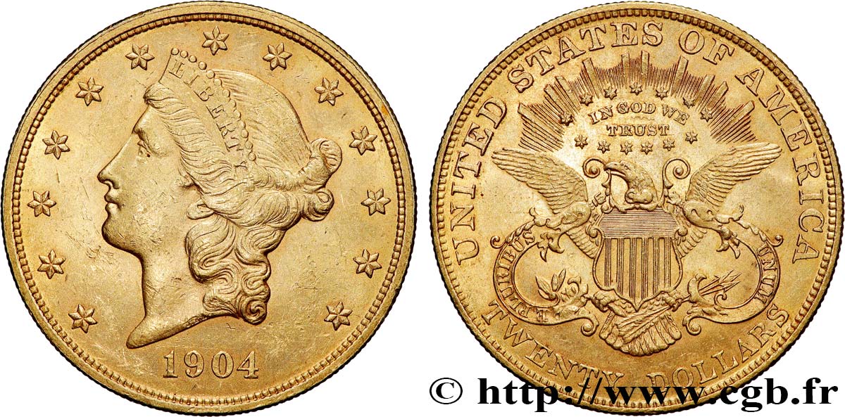 GOLD, PALLADIUM & PLATINUM INVESTMENT 20 Dollars Liberty 1904 Philadelphie XF