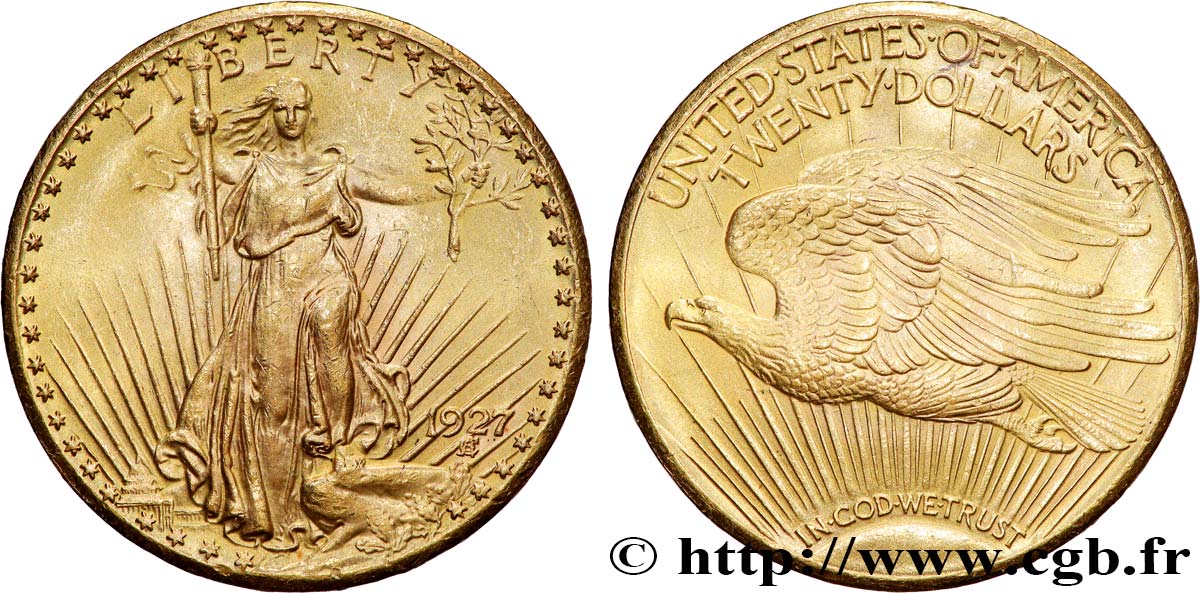 ORO, PALADIO Y PLATINO INVERSIÓN 20 Dollars Saint-Gaudens” 1927 Philadelphie MBC+