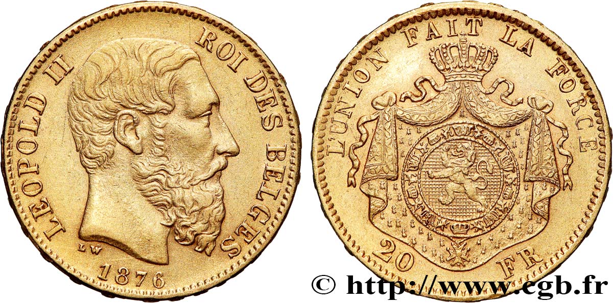 OR, PALLADIUM ET PLATINE INVESTISSEMENT 20 Francs Léopold II 1876 Bruxelles TTB