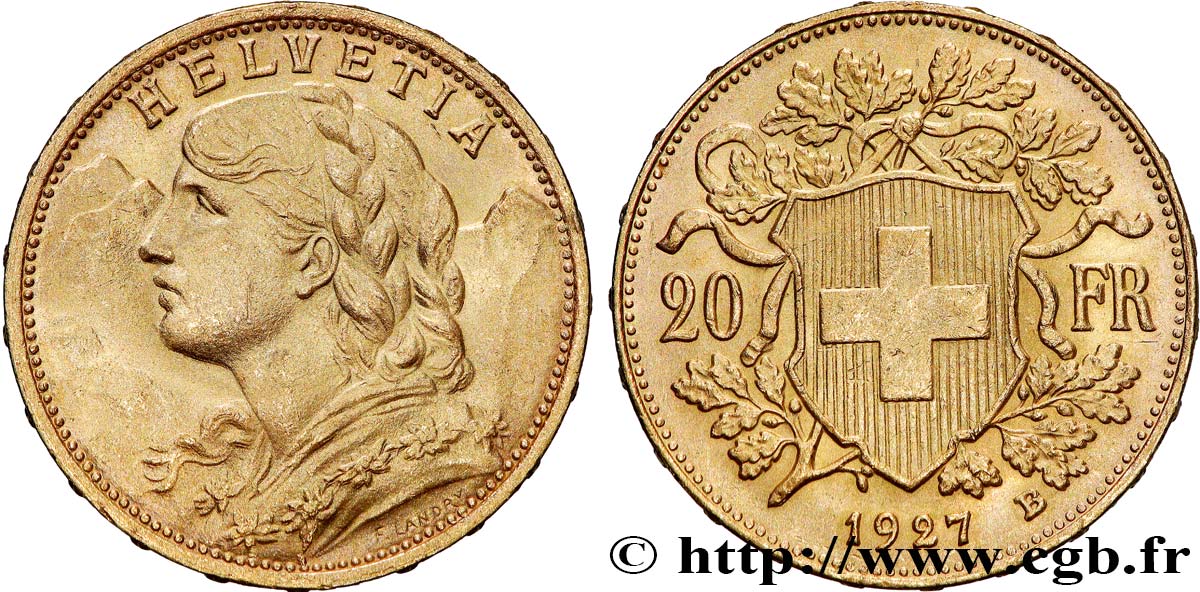 OR, PALLADIUM ET PLATINE INVESTISSEMENT 20 Francs or Vreneli 1927 Berne SUP