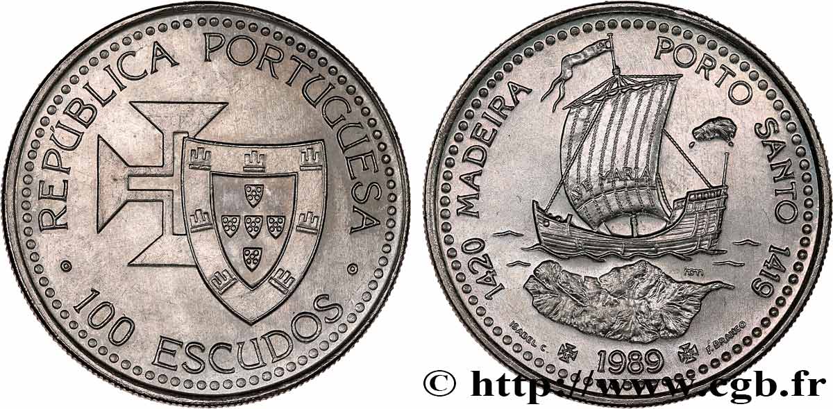 PORTUGAL 100 Escudos Découvertes Portugaises de Madère 1420 et Porto Santo 1419 1989 SPL