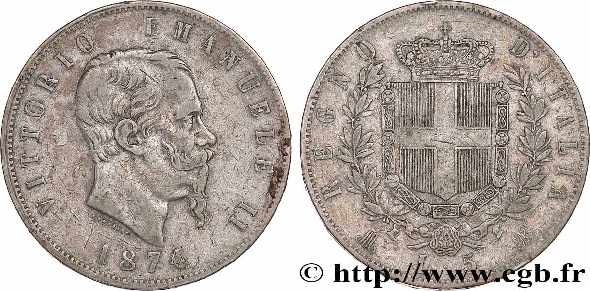 ITALIE 5 Lire Victor Emmanuel II 1874 Milan TB+
