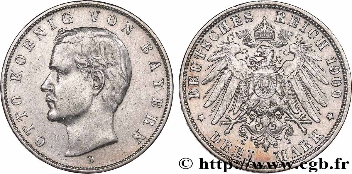 ALLEMAGNE - BAVIÈRE 3 Mark Othon Ier 1909 Munich TTB