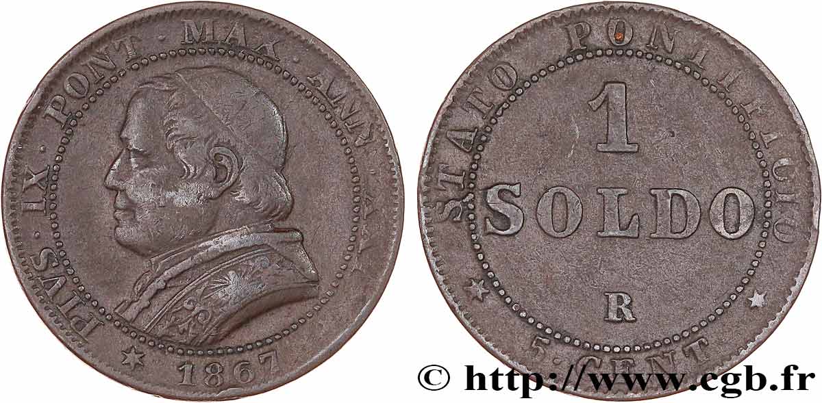VATICAN ET ÉTATS PONTIFICAUX 1 Soldo an XXI buste large 1867 Rome TTB