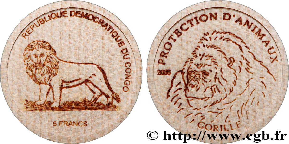 REPúBLICA DEMOCRáTICA DEL CONGO 5 Francs Protection des animaux 2005  FDC 