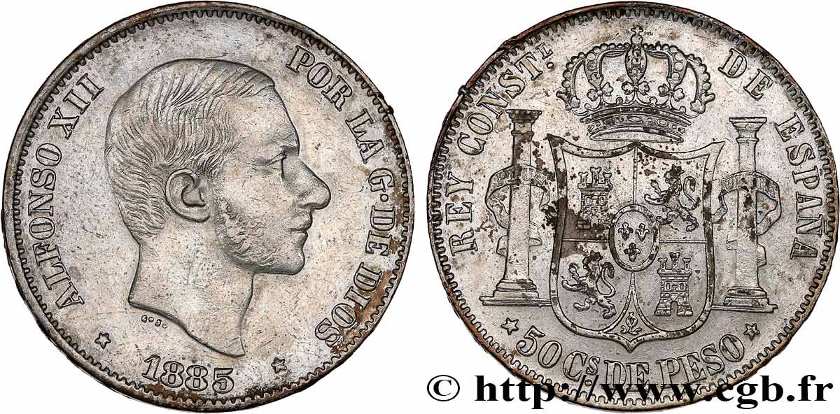 PHILIPPINEN 50 Centimos de Peso Alphonse XII 1885 Manille fVZ 