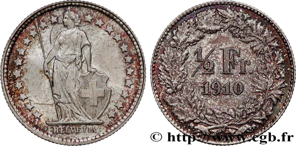 SUISSE 1/2 Franc Helvetia 1910 Berne SPL 