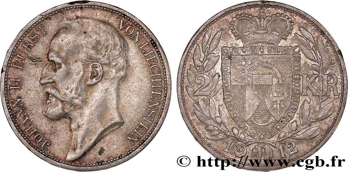 LIECHTENSTEIN 2 Kronen prince Jean II 1912 Berne fSS