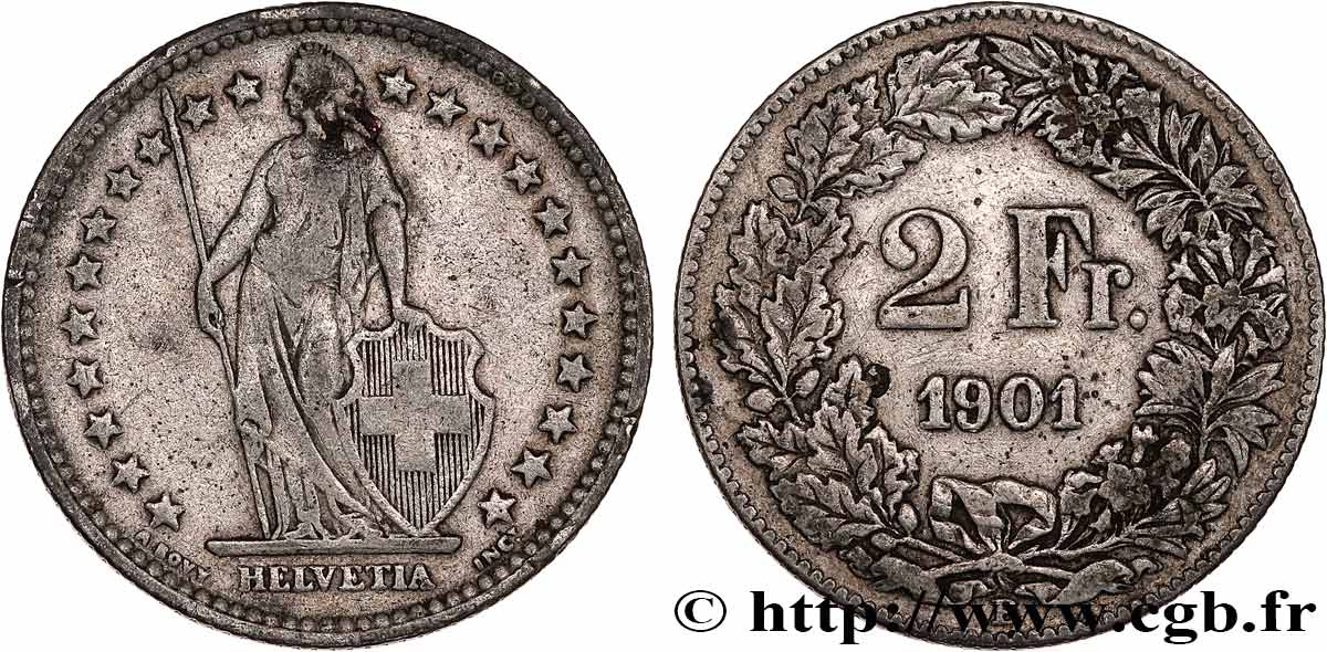 SUISSE 2 Francs Helvetia 1901 Berne - B TB