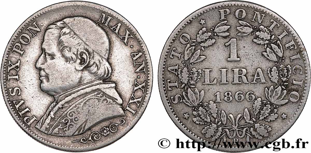 VATICANO E STATO PONTIFICIO 1 Lira Pie IX type grand buste an XXI 1866 Rome q.BB 