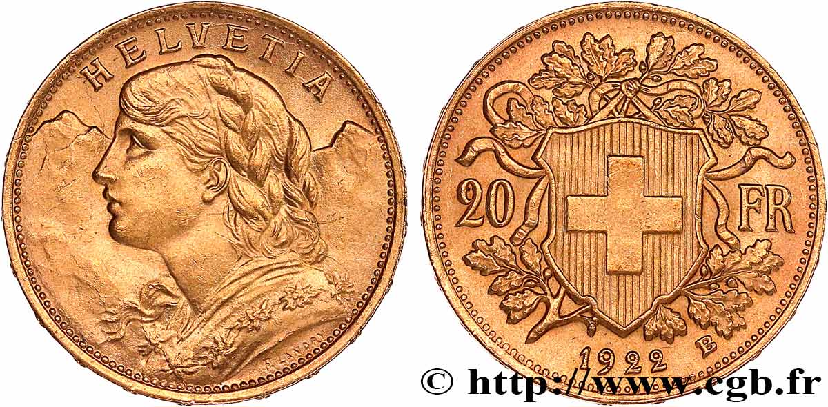 OR, PALLADIUM ET PLATINE INVESTISSEMENT 20 Francs Vreneli 1922 Berne SUP