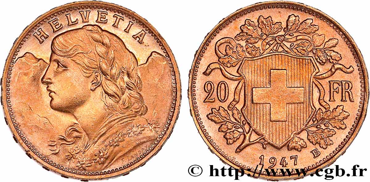 OR, PALLADIUM ET PLATINE INVESTISSEMENT 20 Francs or Vreneli 1947 Berne SUP