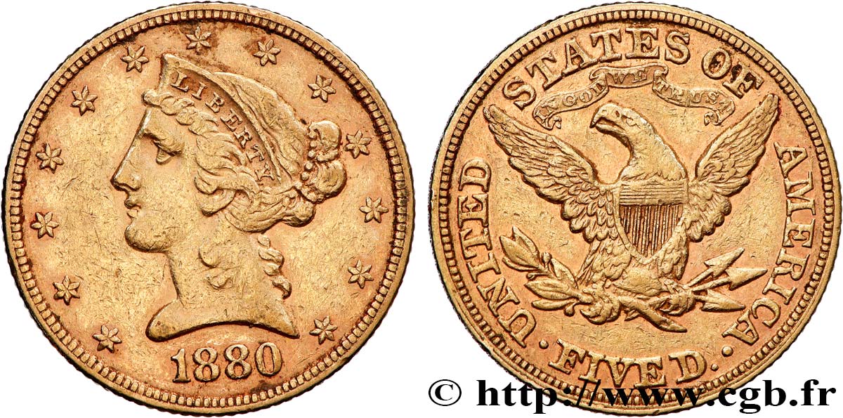 ÉTATS-UNIS D AMÉRIQUE 5 Dollars  Liberty  1880 Philadelphie TTB 