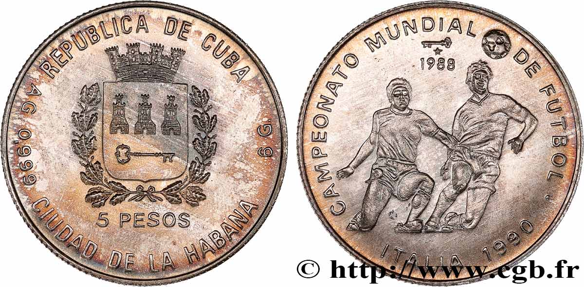 KUBA 5 Pesos Coupe du Monde de football Italie 1990 1988 La Havane VZ 