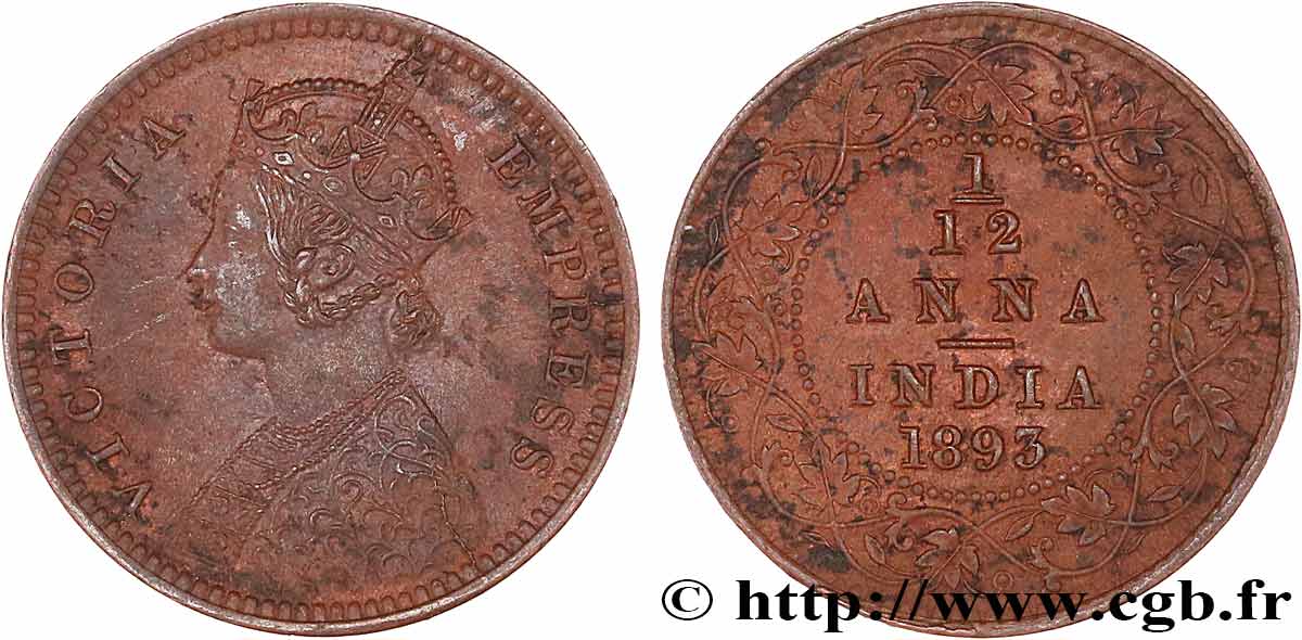 INDES BRITANNIQUES 1/12 Anna Victoria 1893 Calcutta TTB+
