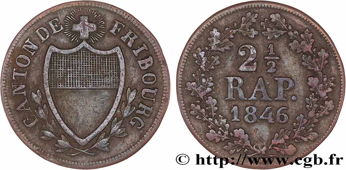 SWITZERLAND - CANTON OF FRIBOURG 2 1/2 Rappen - Canton de Fribourg 1846  XF 