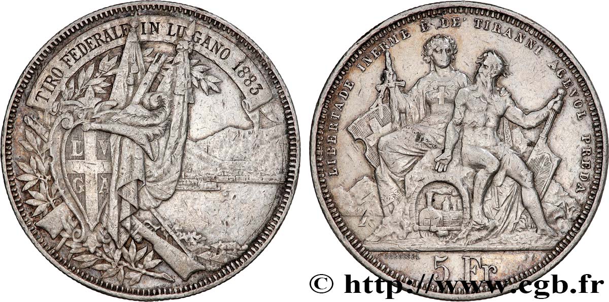 SWITZERLAND 5 Francs, concours de Tir de Lugano 1883  XF 
