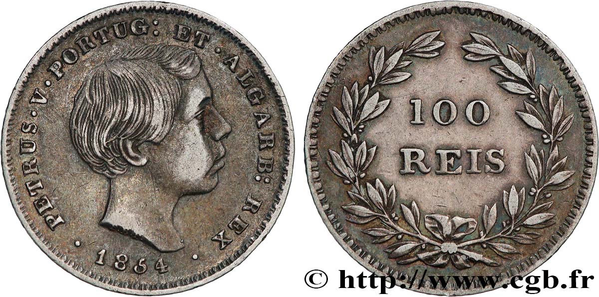 PORTUGAL - ROYAUME DU PORTUGAL - PIERRE V 100 Reis 1854 TTB